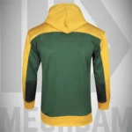 embossed logo detail on multi panel hoodie