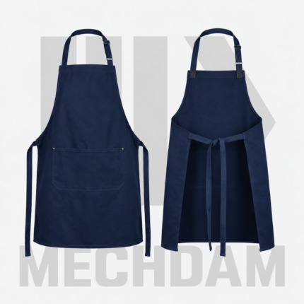 Front and back views of a navy cotton canvas bib apron for OEM and private-label manufacturing