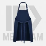 Back view of navy cotton canvas bib apron with adjustable neck strap and tied waist straps