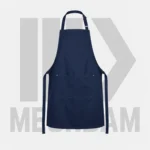 Navy cotton canvas bib apron with adjustable neck strap, reinforced utility pocket and long waist ties