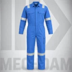 Front view of a blue flame-resistant coverall with chest pockets, thigh pocket and reflective tape.