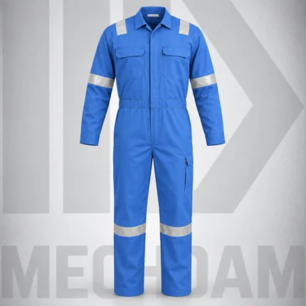 Front view of a blue flame-resistant coverall with chest pockets, thigh pocket and reflective tape.
