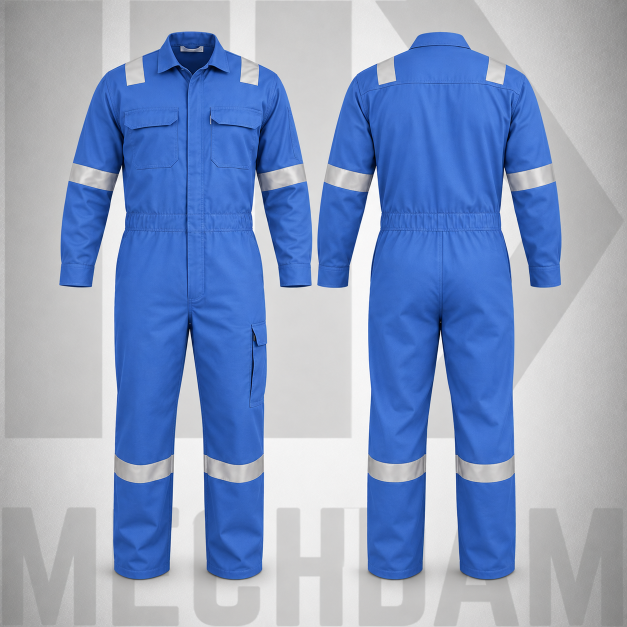 MECHDAM Blue Flame Resistant Coverall – Front and Back Front and back views of a blue flame-resistant coverall with silver reflective tape and utility pockets.