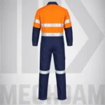 Back view of an orange and navy flame-resistant coverall with silver reflective safety bands.