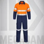 Front view of an orange and navy flame-resistant industrial coverall with silver reflective tape.