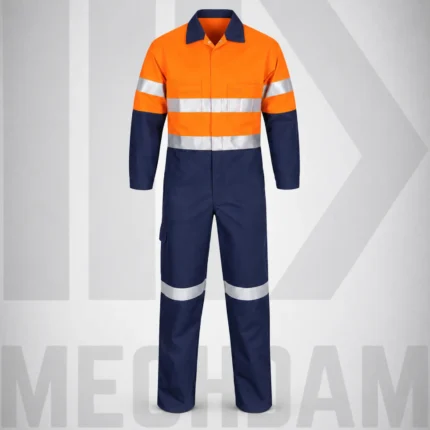 Front view of an orange and navy flame-resistant industrial coverall with silver reflective tape.