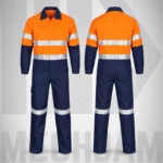 Front and back views of an orange and navy flame-resistant coverall with silver reflective tape.