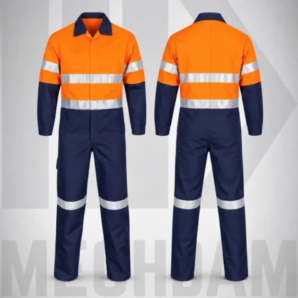 Front and back views of an orange and navy flame-resistant coverall with silver reflective tape.