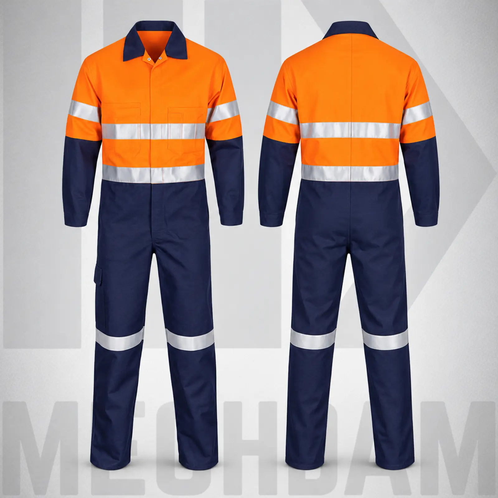 MECHDAM Flame-Resistant Reflective Coverall – Front and Back Front and back views of an orange and navy flame-resistant coverall with silver reflective tape.