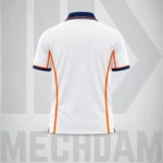 Back view of a white quick-dry polo shirt with navy collar, contrast cuffs and orange side panels.