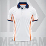 Front view of a white quick-dry polo shirt with navy collar, orange piping and contrast sleeve cuffs.