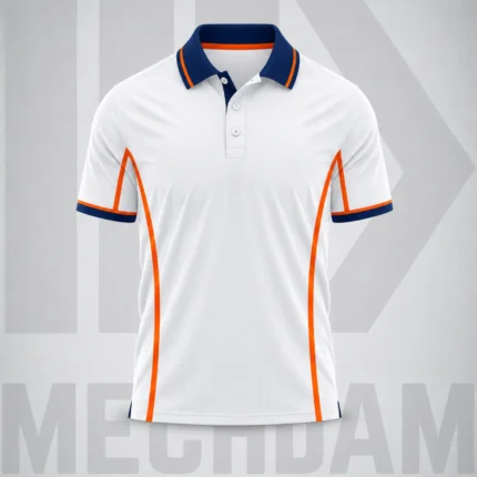 Front view of a white quick-dry polo shirt with navy collar, orange piping and contrast sleeve cuffs.