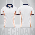 Front and back views of a white quick-dry polo shirt with navy and orange contrast details.