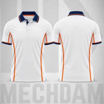 Front and back views of a white quick-dry polo shirt with navy and orange contrast details.