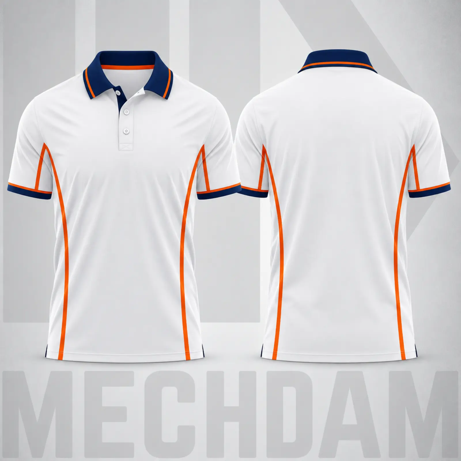 MECHDAM Quick-Dry Polo Shirt – Front and Back Front and back views of a white quick-dry polo shirt with navy and orange contrast details.
