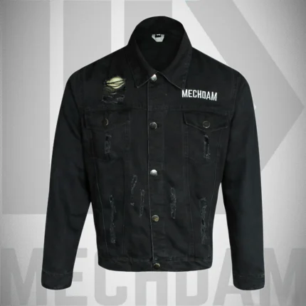 Black distressed denim jacket with front embroidery