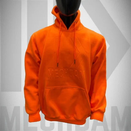 industrial pullover hoodie front view in solid orange color