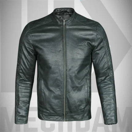 Sheep leather jacket with stand collar and embossed logo for OEM brands