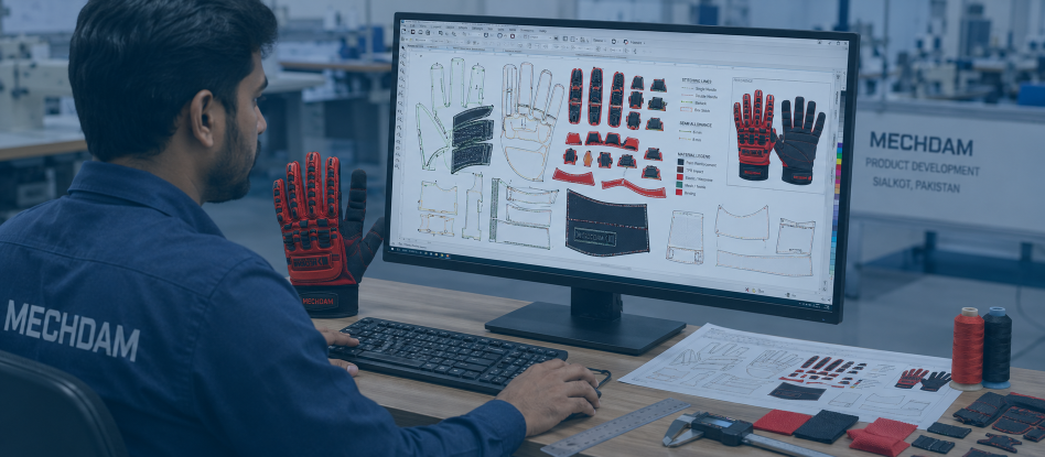 MECHDAM technician developing a custom impact-glove CAD pattern from a physical reference sample.