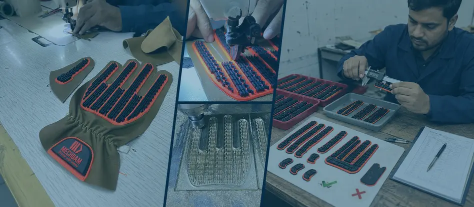 MECHDAM technician inspecting and preparing TPR protective components for industrial work gloves.
