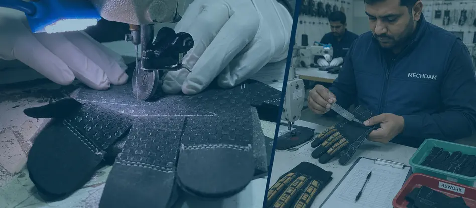 MECHDAM inspector checking stitching and component alignment on a partially assembled industrial work glove during IPQC.