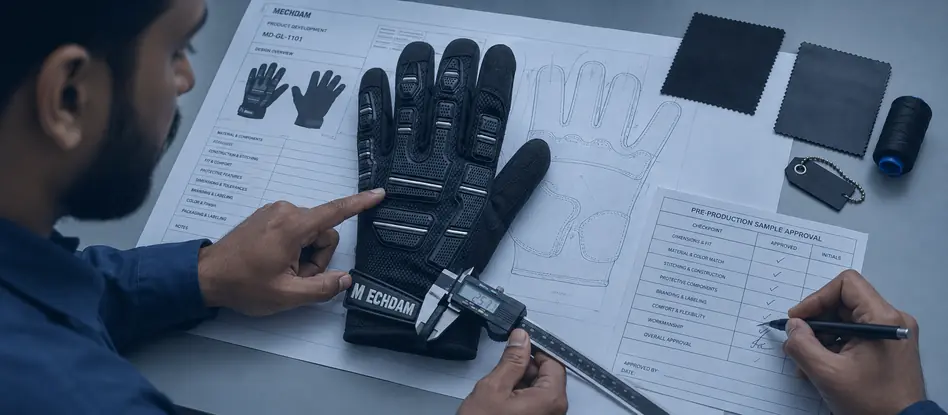 MECHDAM team reviewing and approving a pre-production industrial glove sample.