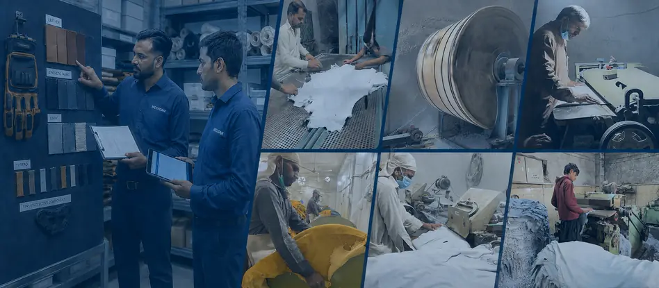MECHDAM team planning glove materials alongside real leather preparation and finishing processes.