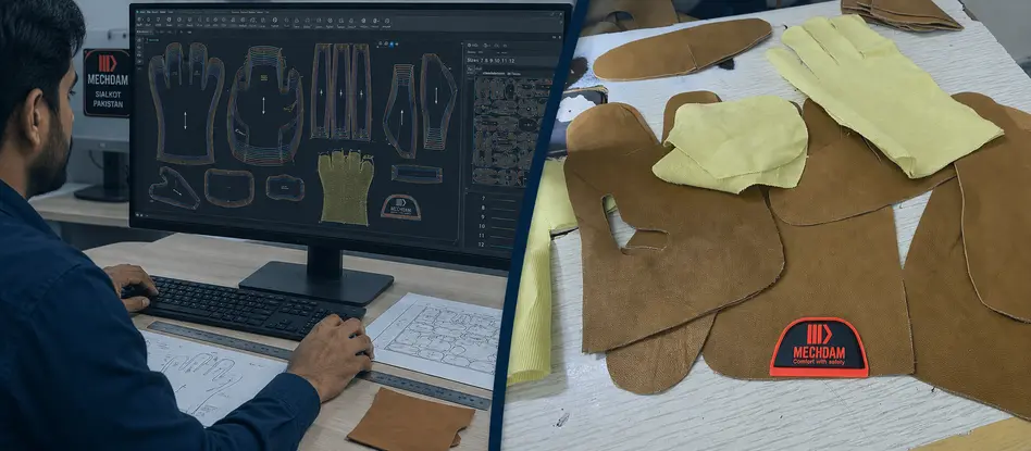 MECHDAM technician developing graded CAD glove patterns beside real leather and lining components.