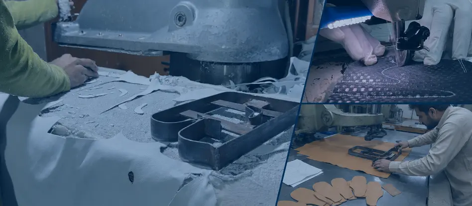 MECHDAM technicians cutting leather and technical fabric into precise work-glove components using industrial cutting equipment.