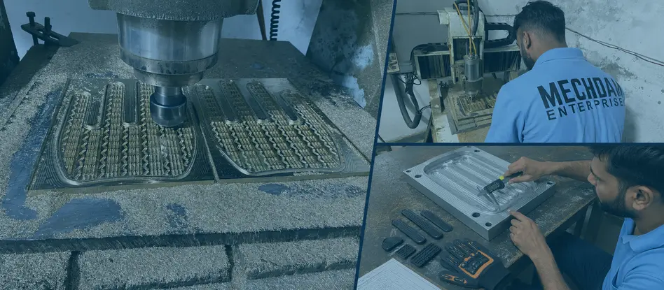 MECHDAM CNC machining and inspecting metal moulds for work-glove protective components.