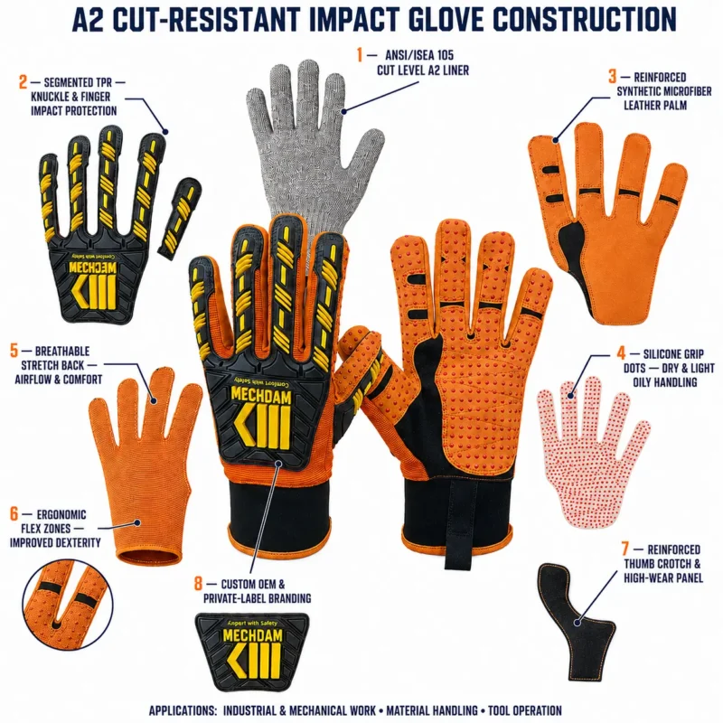 Exploded A2 cut-resistant impact glove with TPR protection, microfiber palm, silicone grip dots and reinforced thumb.