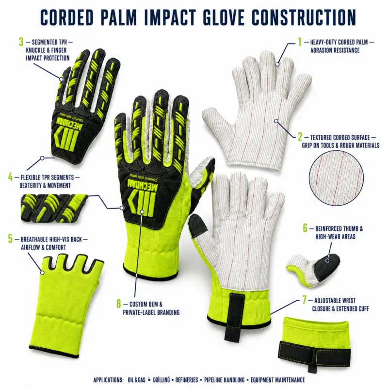 Exploded corded-palm impact glove with segmented TPR, high-visibility back, reinforced thumb and adjustable cuff.