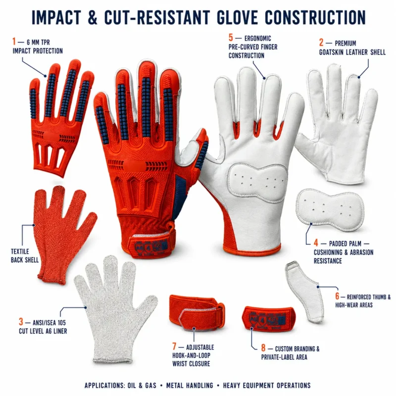 Exploded view of an impact glove with 6 mm TPR, goatskin leather, padded palm and ANSI Cut Level A6 liner
