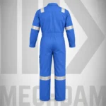 Back view of a blue flame-resistant coverall with reflective shoulder, sleeve and lower-leg tape.