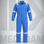 Front view of a blue flame-resistant coverall with chest pockets, thigh pocket and reflective tape.