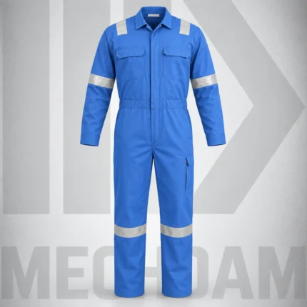 Front view of a blue flame-resistant coverall with chest pockets, thigh pocket and reflective tape.
