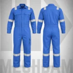 Front and back views of a blue flame-resistant coverall with silver reflective tape and utility pockets.