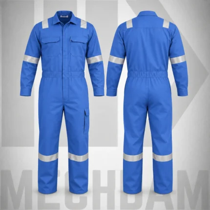 Front and back views of a blue flame-resistant coverall with silver reflective tape and utility pockets.