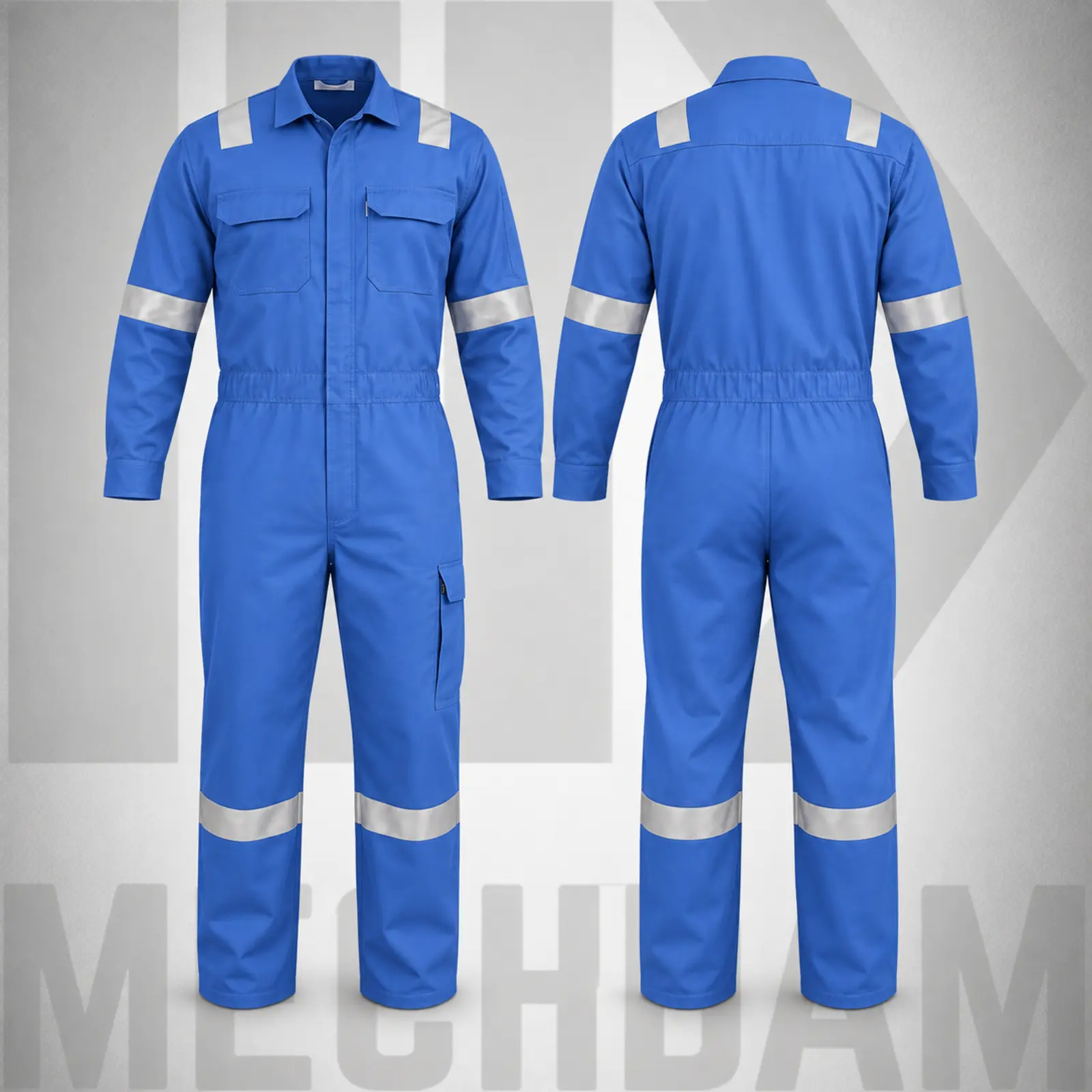 MECHDAM Blue Flame Resistant Coverall – Front and Back Front and back views of a blue flame-resistant coverall with silver reflective tape and utility pockets.
