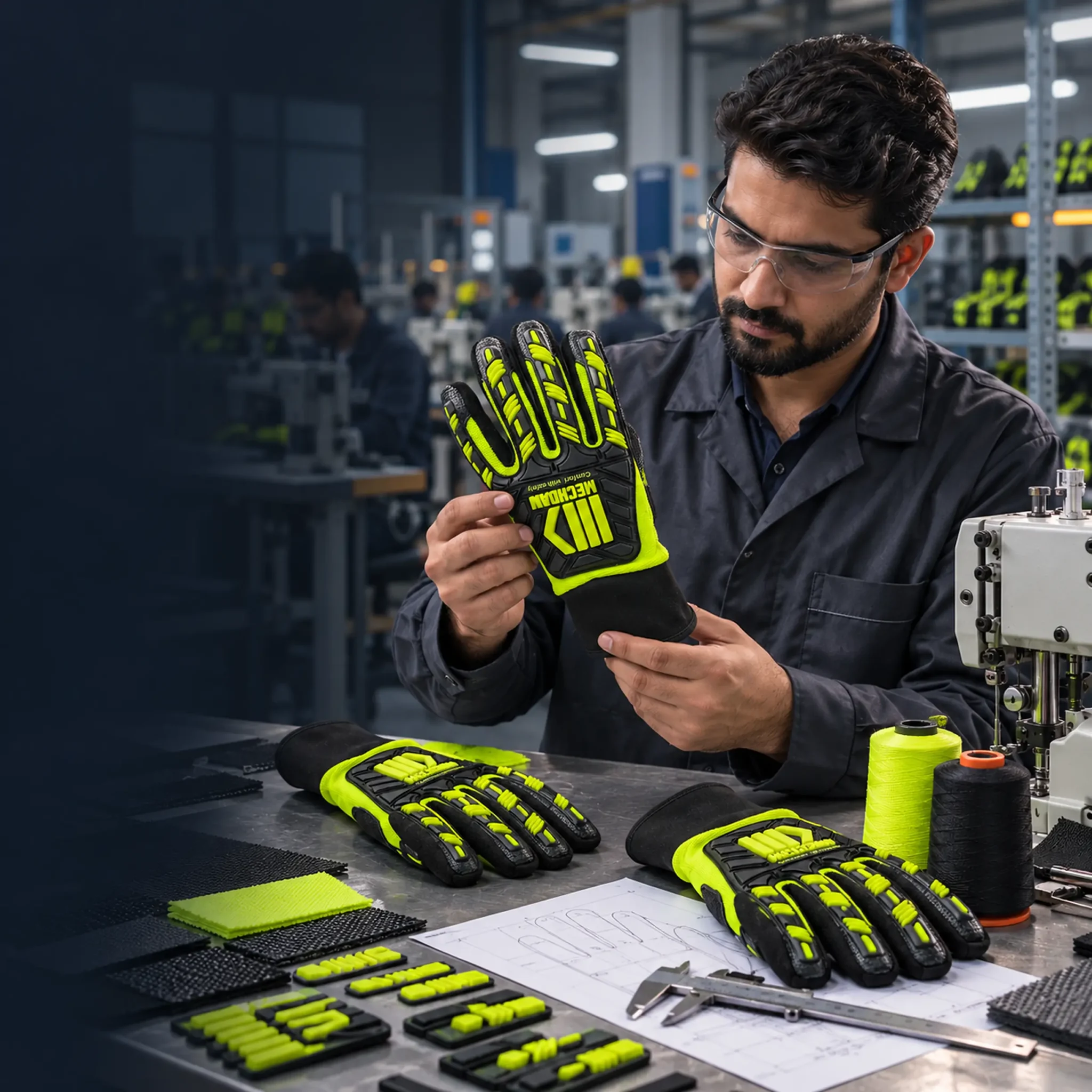 MECHDAM industrial glove manufacturer quality inspector examining a custom TPR impact protection glove