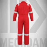 Back view of a red Nomex flame retardant coverall with reflective sleeve and leg bands.