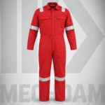 Front view of a red Nomex flame retardant coverall with chest pockets and reflective tape.