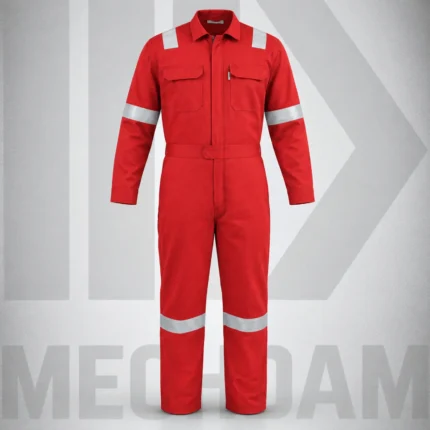 Front view of a red Nomex flame retardant coverall with chest pockets and reflective tape.