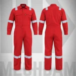 Front and back views of a red Nomex flame retardant coverall with silver reflective tape.