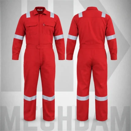 Front and back views of a red Nomex flame retardant coverall with silver reflective tape.