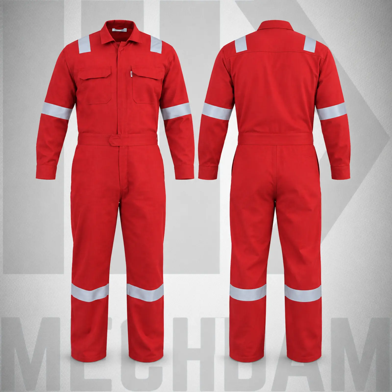 MECHDAM Nomex Flame Retardant Coverall – Front and Back Front and back views of a red Nomex flame retardant coverall with silver reflective tape.