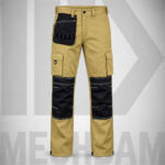 Front view of khaki work trousers with cargo pockets, tool loops and black reinforced knee panels.