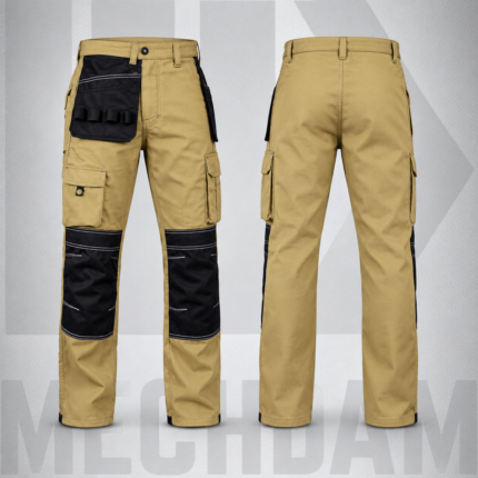 Front and back views of khaki multi-pocket work trousers with black reinforced knee panels and utility pockets.