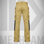 Back view of khaki multi-pocket work trousers with cargo pockets and straight-leg construction.