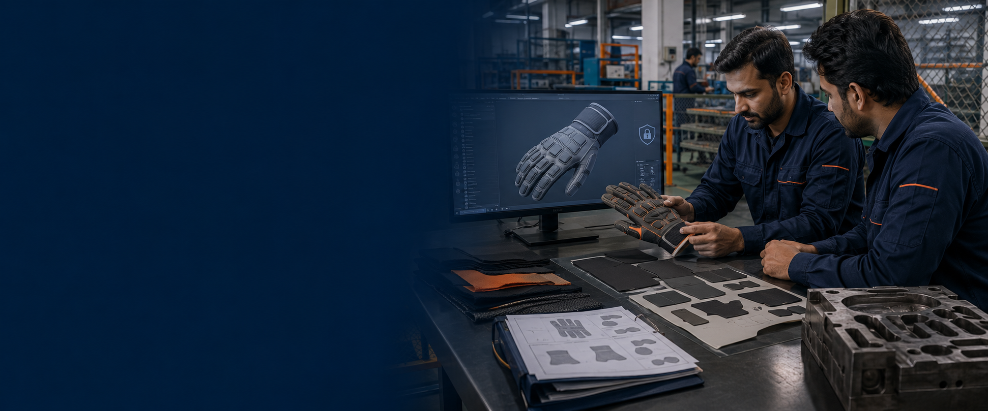 MECHDAM engineers reviewing a confidential industrial glove prototype and 3D CAD design inside the Sialkot factory.